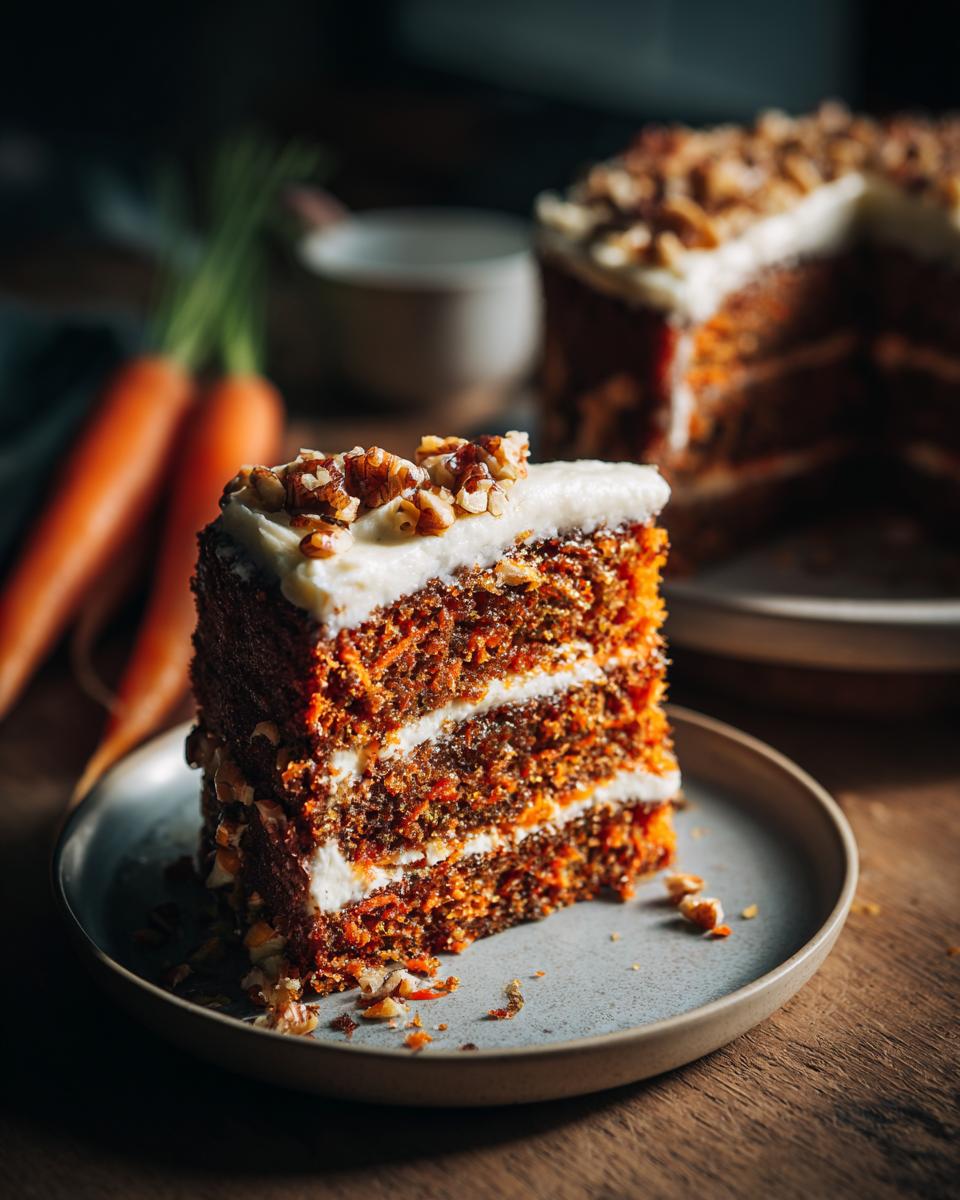 Een dikke plak gezonde worteltaart met roomkaasglazuur en walnoten, op een bord.