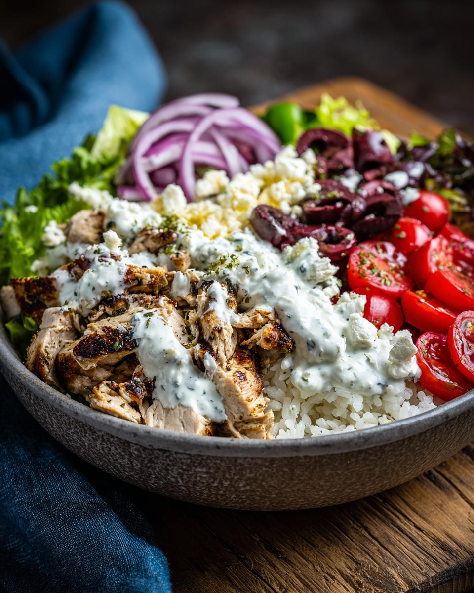 A close-up of an Irresistible Greek Chicken Gyro Bowl, featuring grilled chicken, rice, tomatoes, olives, feta, and tzatziki sauce.