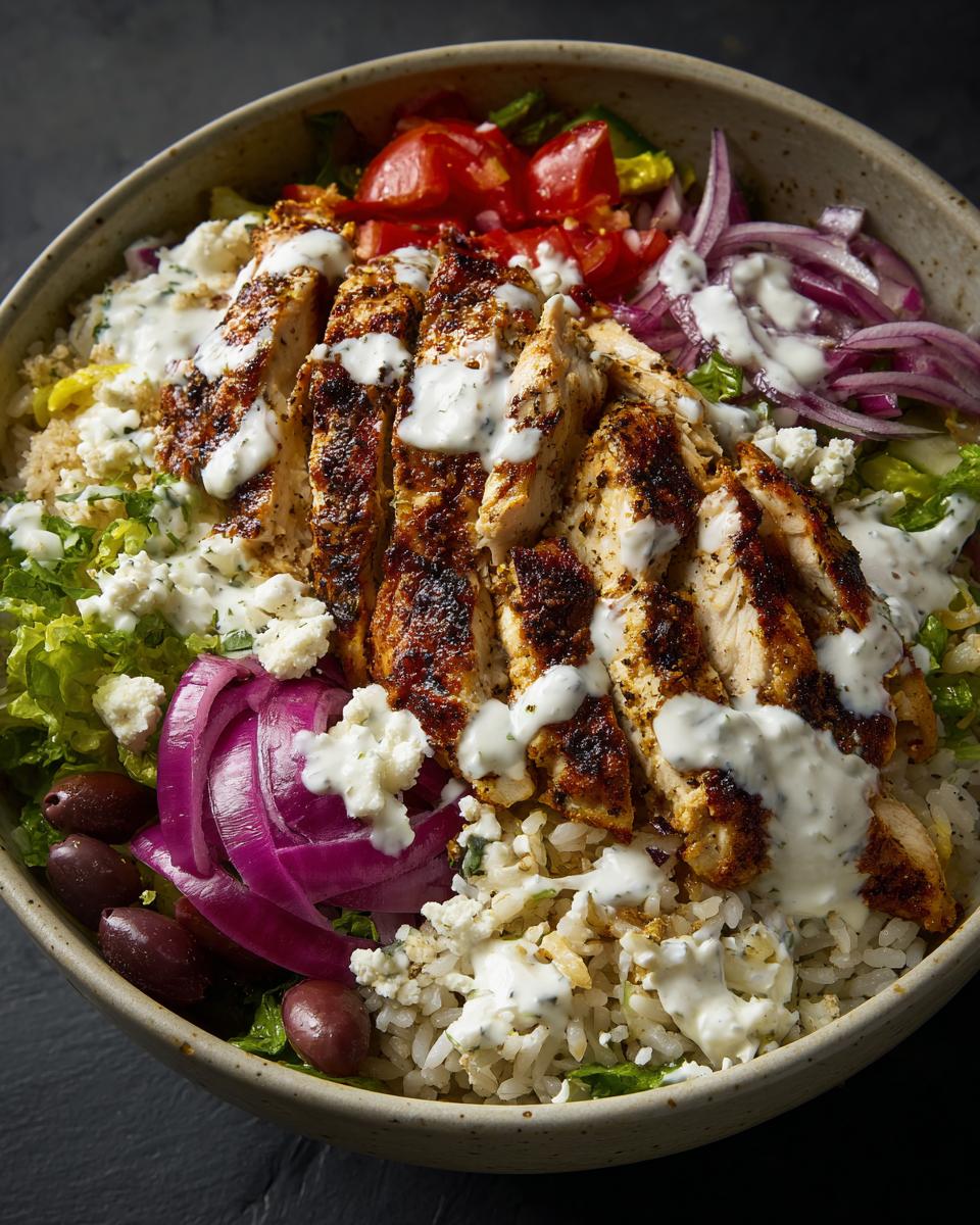 Close-up of an Irresistible Greek Chicken Gyro Bowl with seasoned chicken, rice, tomatoes, red onion, olives, and feta.