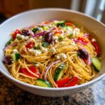 Close-up van een kom Griekse Spaghetti Salade met spaghetti, komkommer, tomaat, rode ui, olijven en feta.