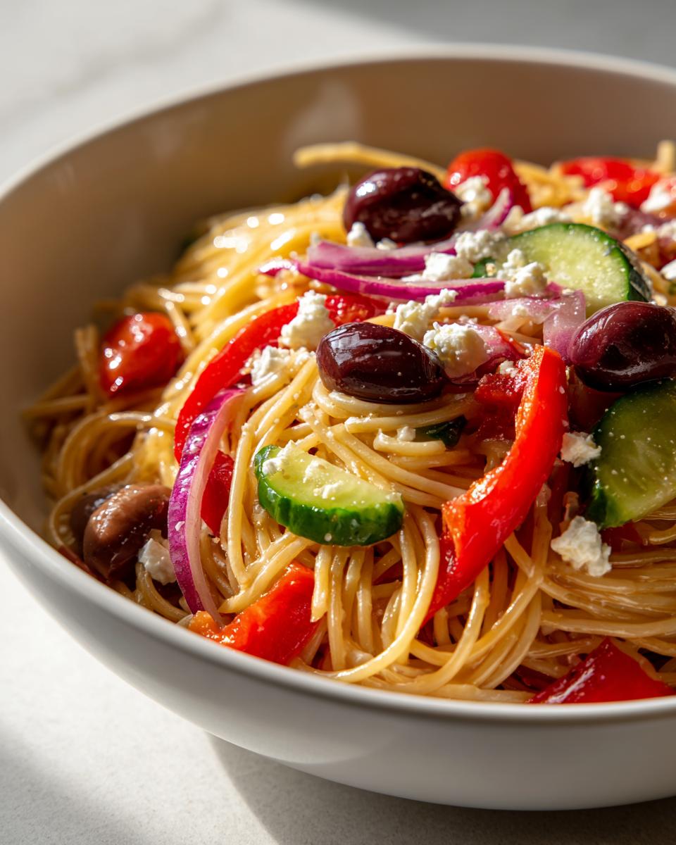 Close-up van een kom Griekse Spaghetti Salade met spaghetti, feta, komkommer, rode ui, paprika en olijven.