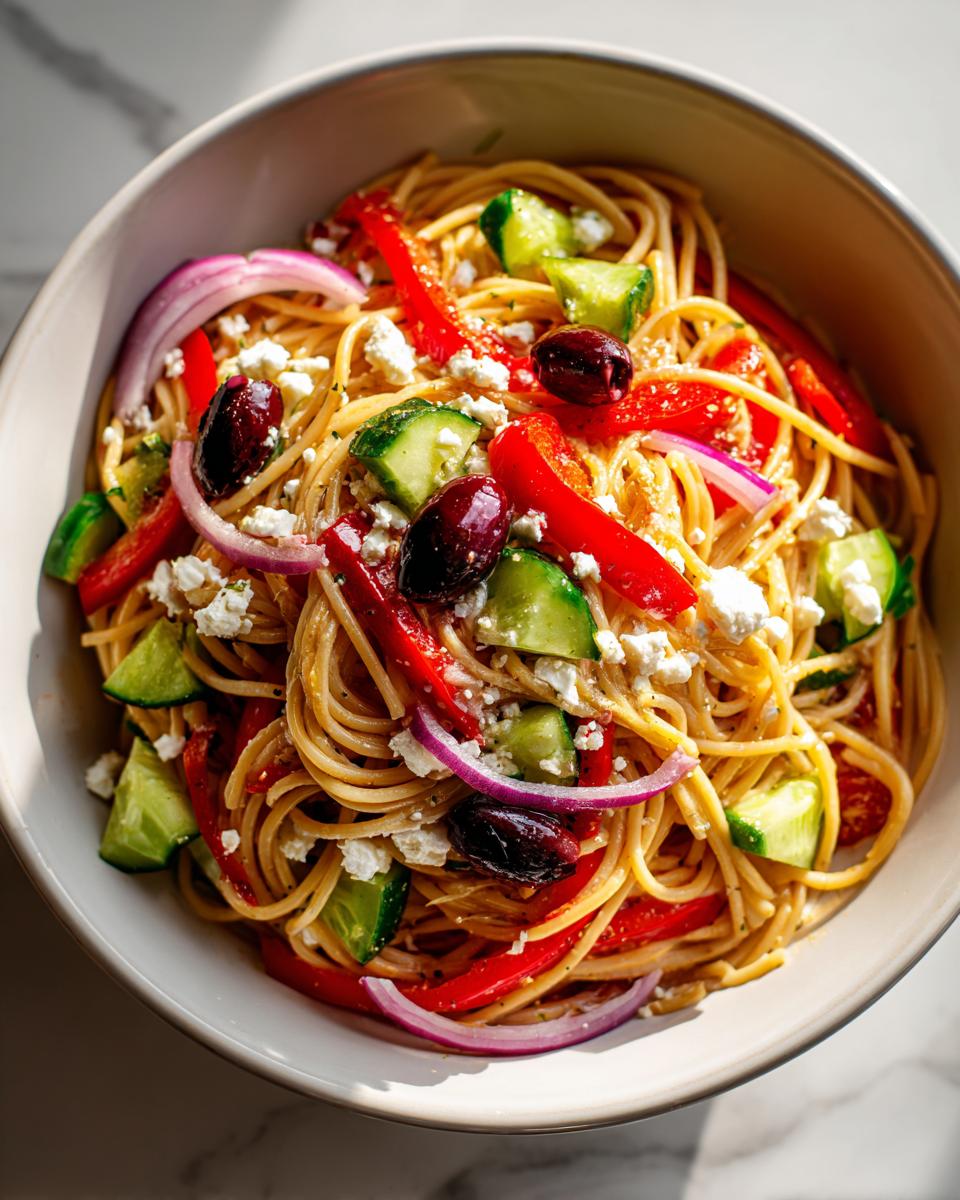 Close-up van een kom Griekse Spaghetti Salade met spaghetti, komkommer, rode paprika, rode ui, olijven en feta.