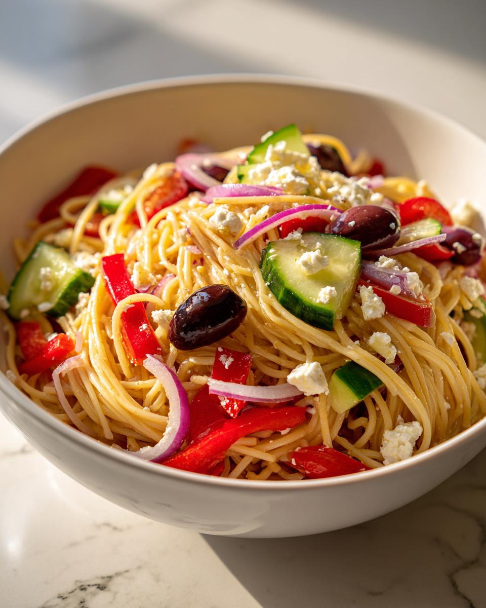 Close-up van een kom Griekse Spaghetti Salade met blokjes komkommer, rode ui, feta, olijven en rode paprika.