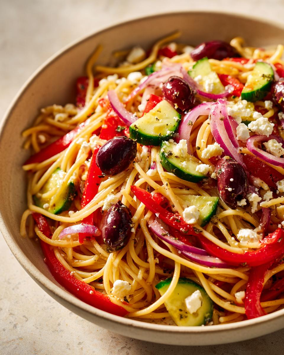 Close-up van een kom Griekse Spaghetti Salade met rode paprika, komkommer, rode ui, olijven en feta.
