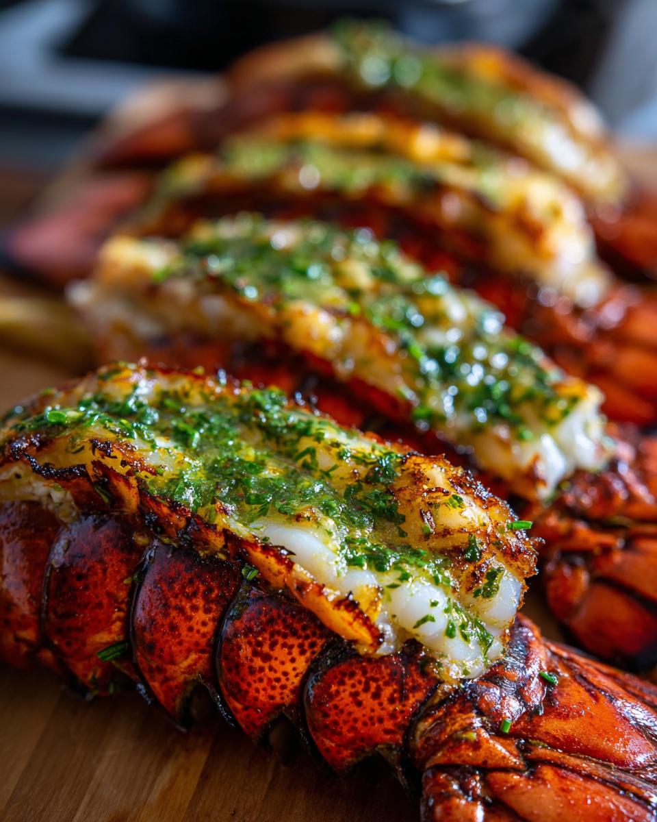 Close-up of perfectly Grilled Lobster Tails With Garlic Herb Butter Delight, glistening and topped with fresh green herbs.