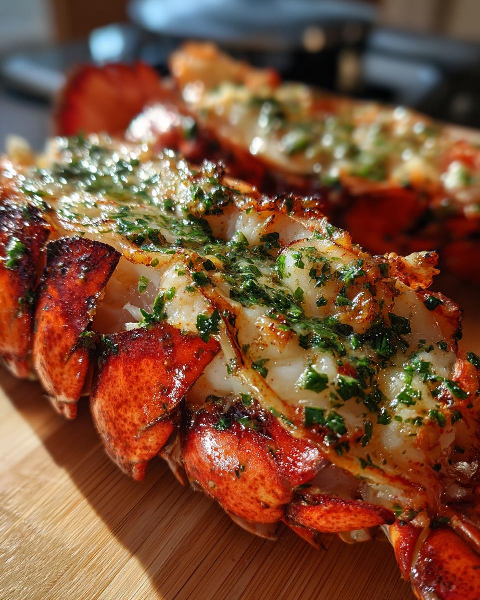 Close-up of perfectly grilled lobster tails topped with glistening garlic herb butter and fresh parsley.