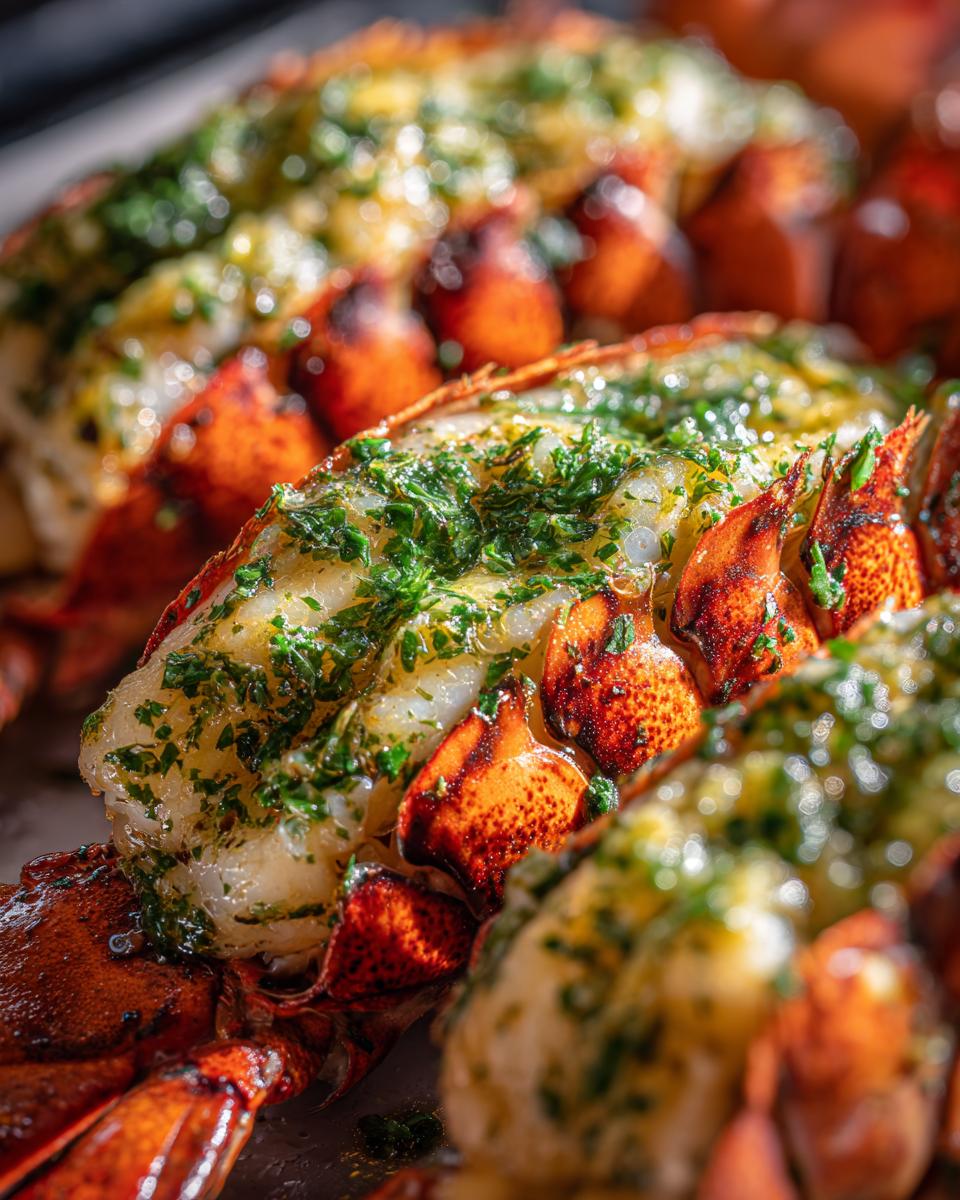 Close-up of perfectly grilled lobster tails, generously coated in garlic herb butter and fresh parsley.