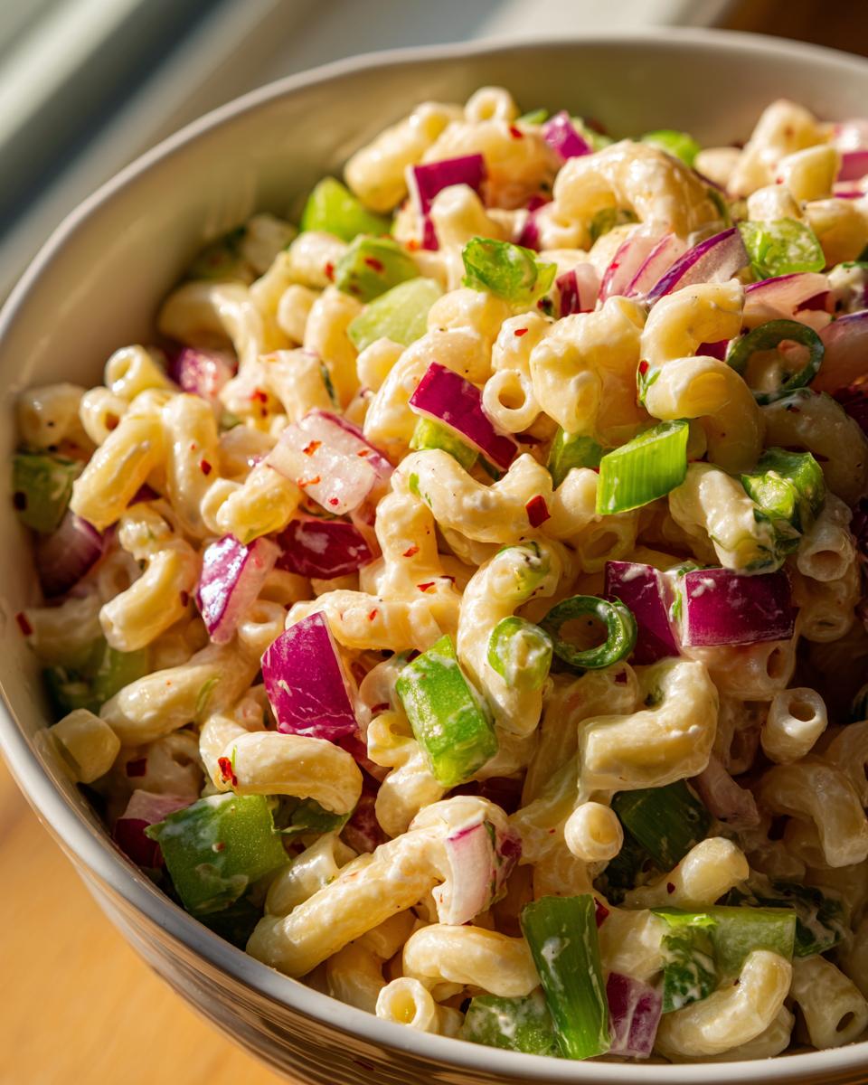 Close-up of Guy Fieris Macaroni Salad Recipe, creamy pasta with red onion, green bell pepper, and celery.