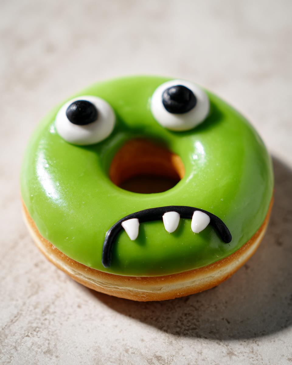 Een Halloween Monster Donut met felgroen glazuur, witte ogen en zwarte mond met witte tanden.