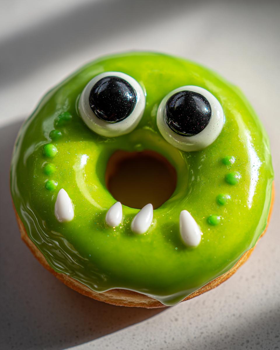 Een groene Halloween Monster Donut met glimmende glazuur, grote zwarte ogen en witte tanden.