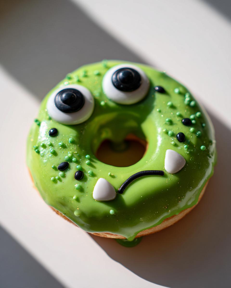 Een groene Halloween Monster Donut met grote ogen, witte tanden en spikkels.