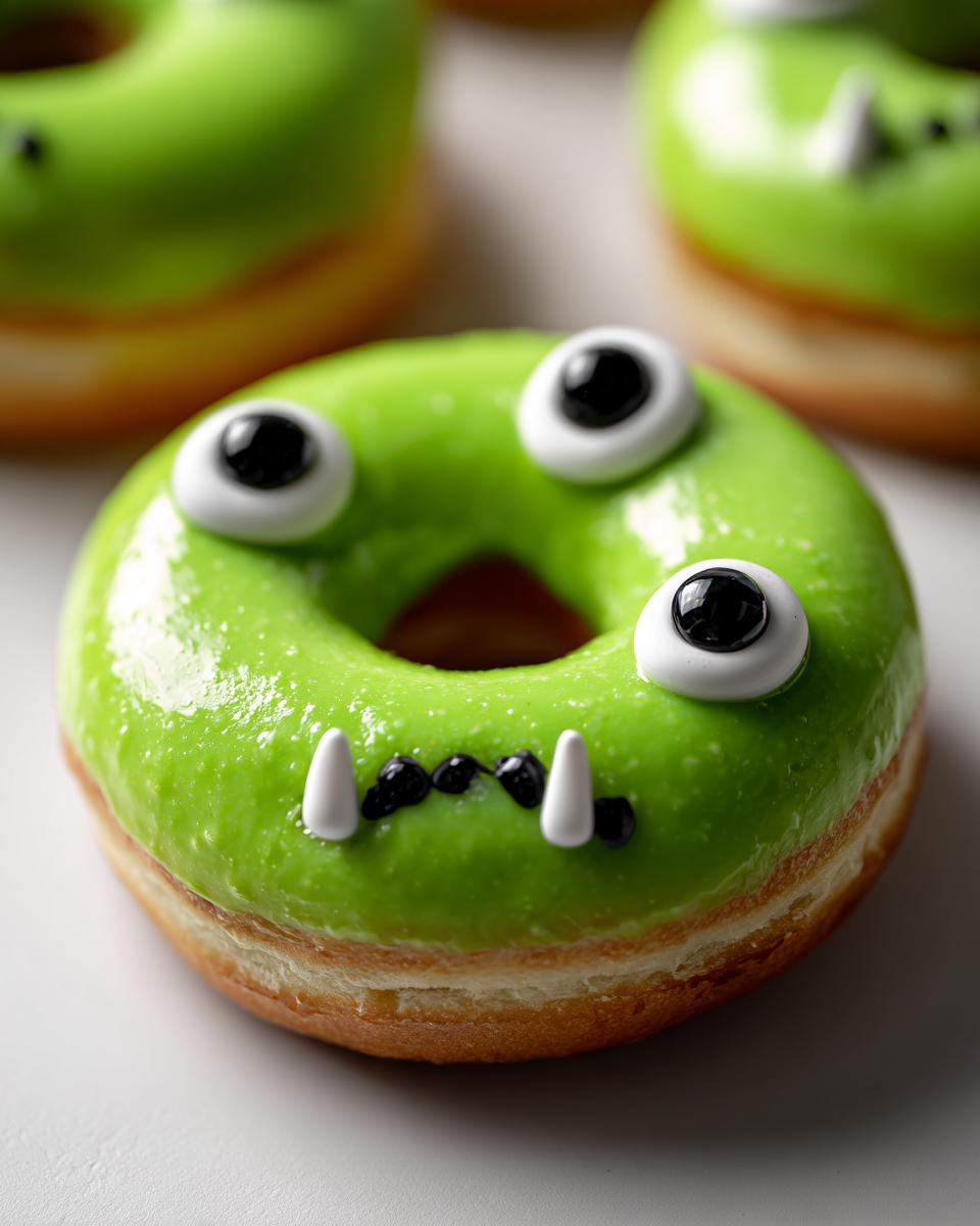 Een griezelig leuke Halloween Monster Donut met felgroene glazuur, grote ogen en witte tanden.