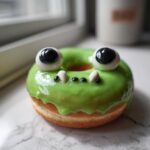 Een griezelig leuke Halloween Monster Donut met groene glazuur en grote ogen, lijkend op een kikker.