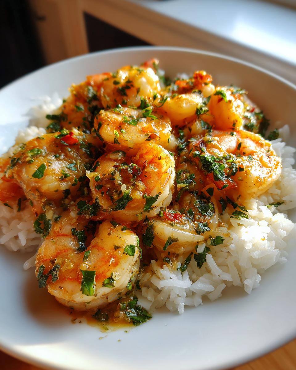 Close-up van Hawaïaanse Knoflookgarnalen geserveerd op witte rijst, gegarneerd met peterselie.