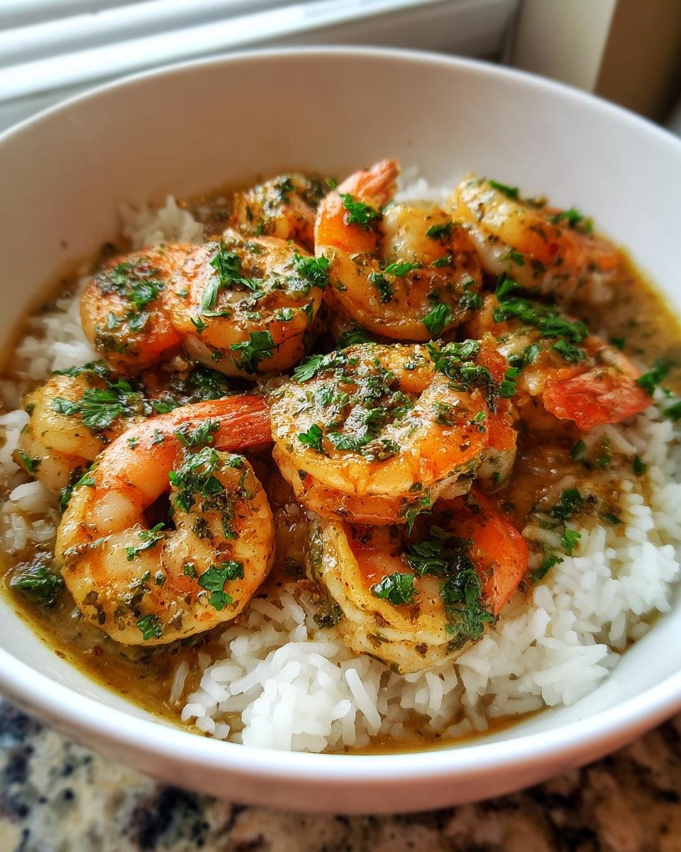 Close-up van Hawaïaanse knoflookgarnalen geserveerd op een bedje van witte rijst, gegarneerd met peterselie.