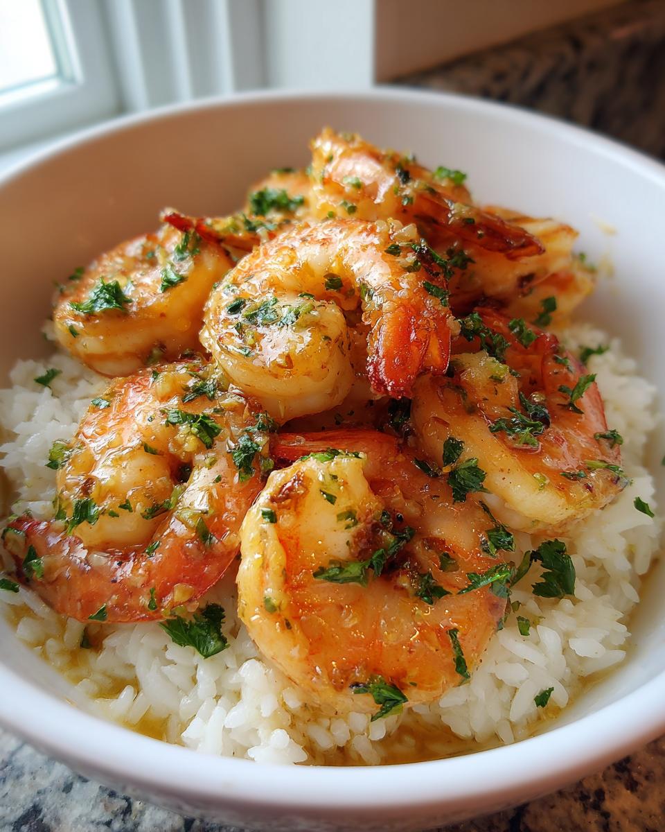 Close-up van Hawaïaanse knoflookgarnalen geserveerd op een bedje van witte rijst, gegarneerd met peterselie.