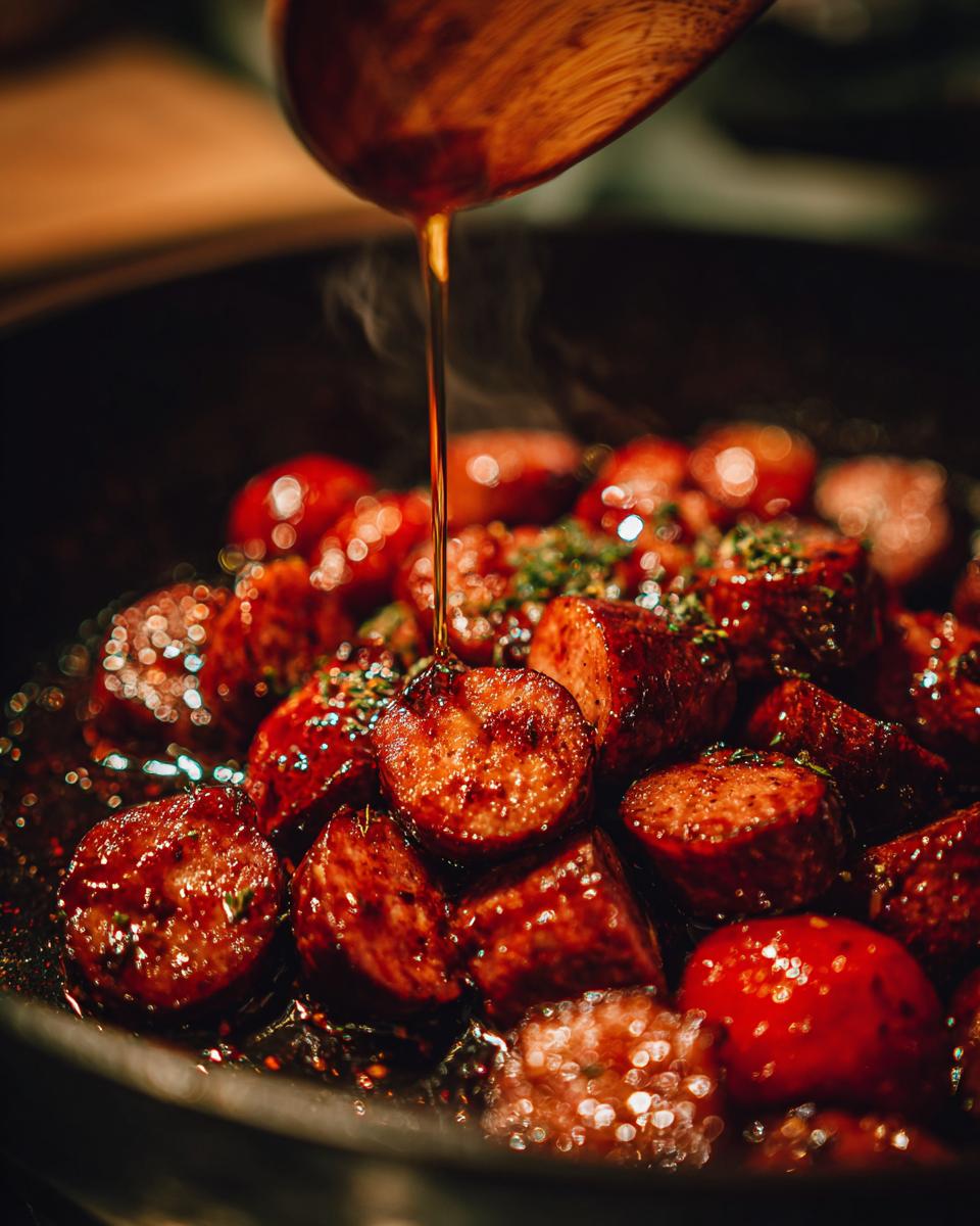 Close-up of sliced sausage being drizzled with a glaze, perfect for a hearty autumn dinner.