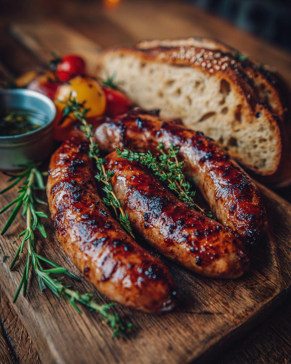 Close-up of grilled sausages, served with crusty bread, cherry tomatoes, and a small bowl of sauce for a hearty autumn dinner.