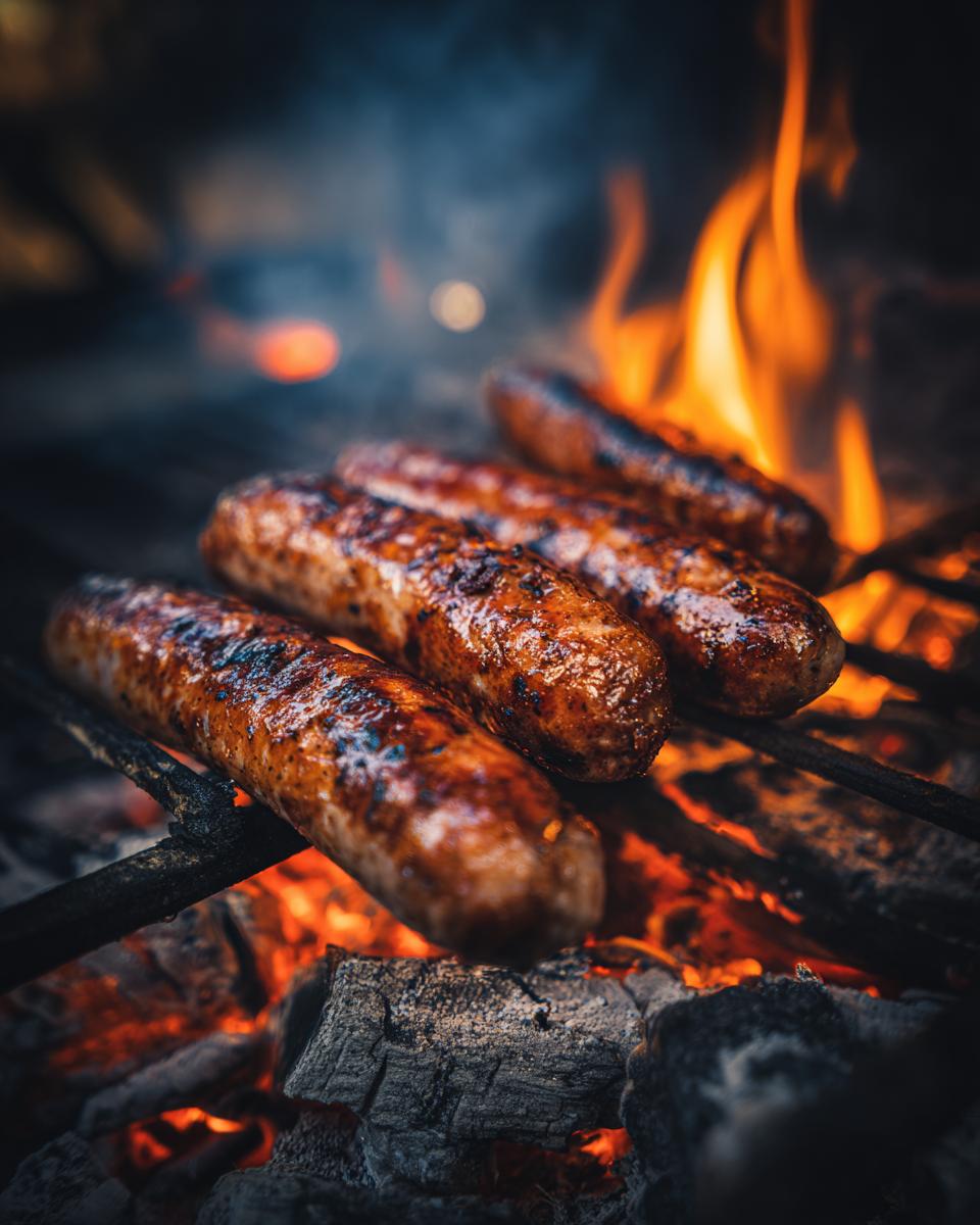 Close-up of juicy sausages grilling over hot coals and flames, perfect for a hearty autumn dinner.