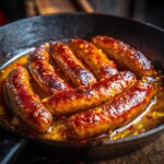 Close-up of juicy pan-fried sausages with chili flakes, perfect for a hearty autumn dinner.