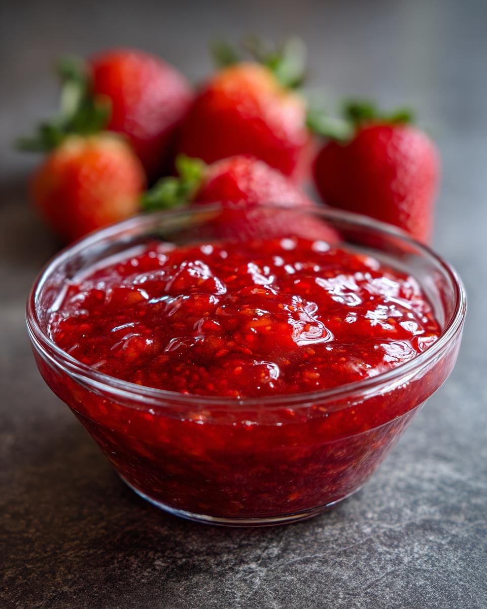 Close-up van heerlijke homemade strawberry sauce in een glazen kom, met verse aardbeien op de achtergrond.