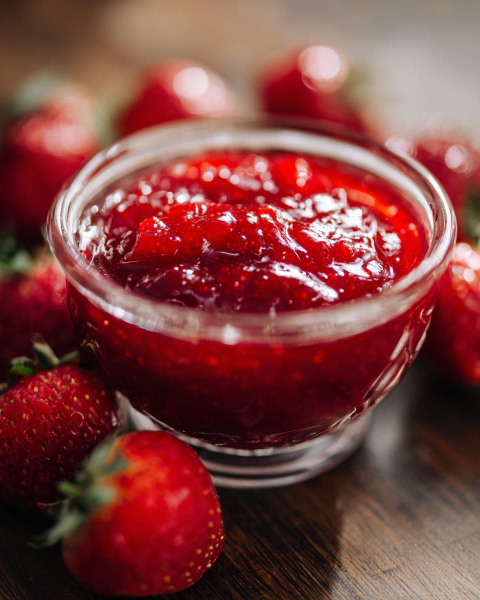 Close-up van homemade aardbeiensaus in een glazen kom, omringd door verse aardbeien.