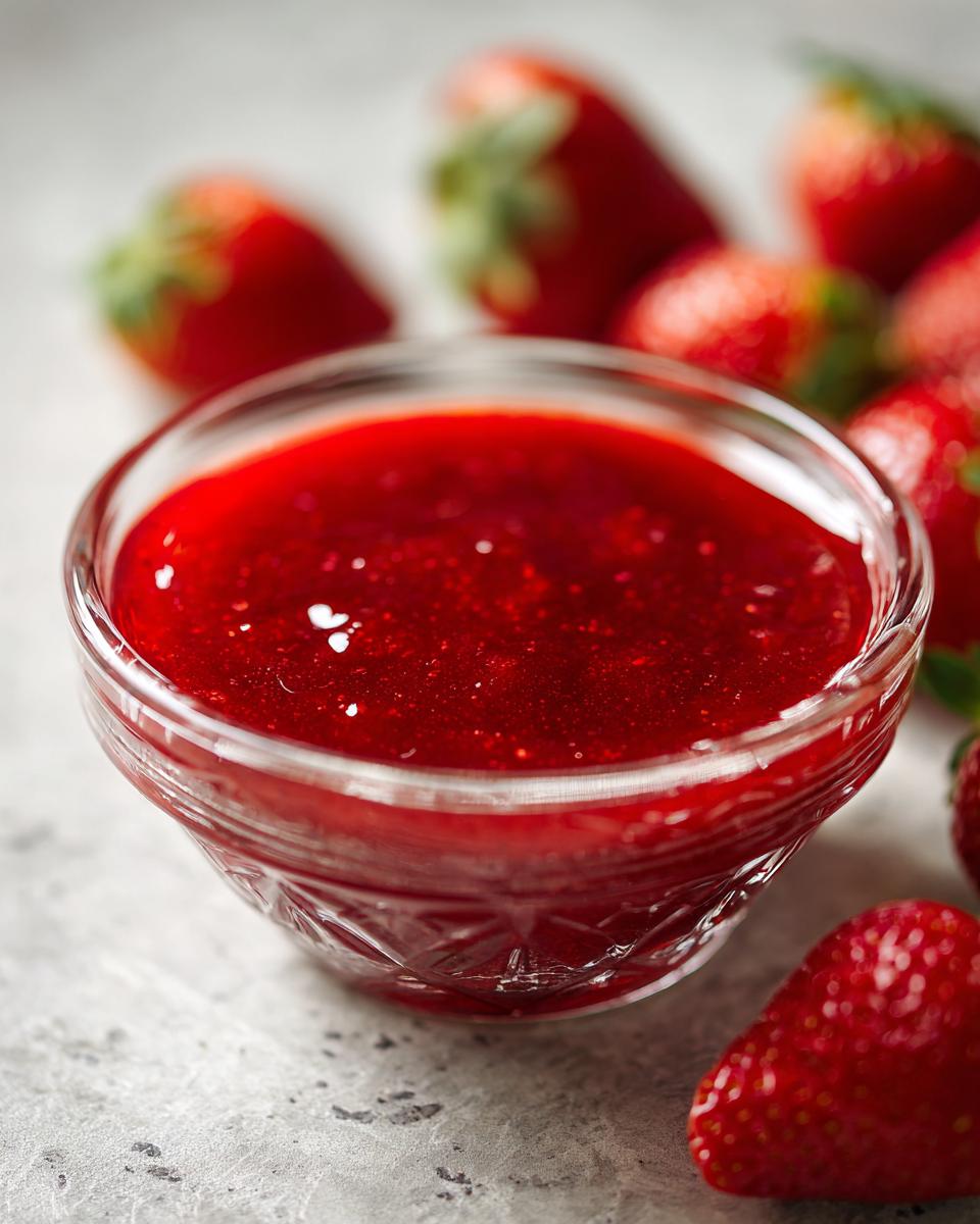 Close-up van een glazen kom gevuld met glanzende, rode Homemade Aardbeiensaus, omringd door verse aardbeien.