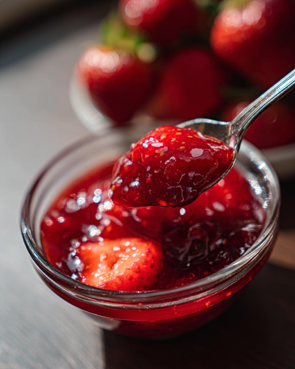Een lepel met verse homemade aardbeiensaus, boven een kom gevuld met aardbeiensaus en stukjes aardbei.