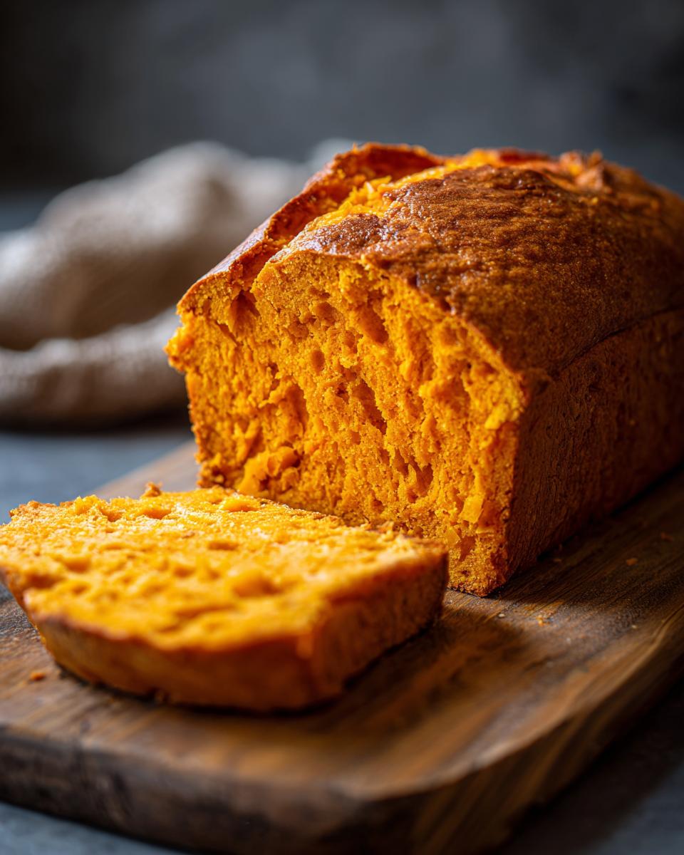 Een close-up van een plak honingboter zoete aardappel brood op een houten plank.