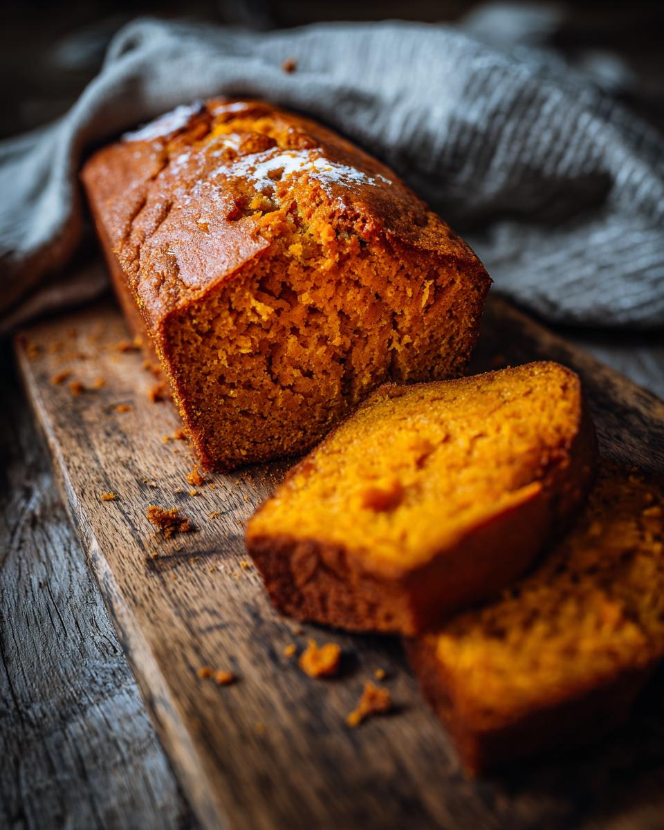 Een versgebakken Honingboter Zoete Aardappel Brood, met twee plakjes ernaast op een houten plank.