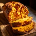 Twee plakken honingboter zoete aardappel brood op een houten snijplank, met de rest van het brood ernaast.
