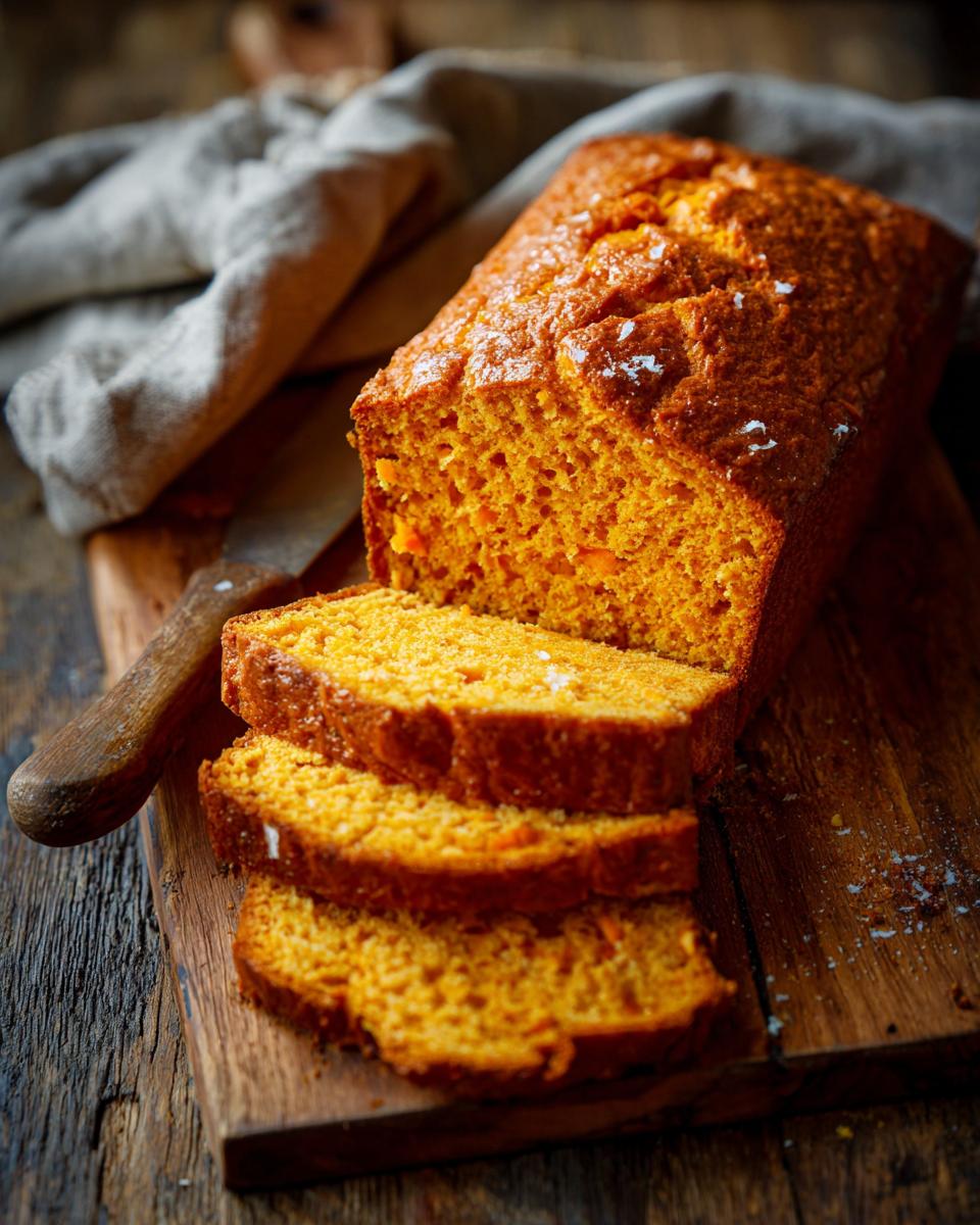 Gekarameliseerde plakken Honingboter Zoete Aardappel Brood op een houten plank, met een mes ernaast.