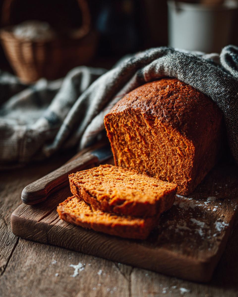 Twee plakken van het Honingboter Zoete Aardappel Brood op een houten plank, naast het hele brood.