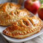 Close-up of golden-brown, flaky puff pastry apple turnovers sprinkled with sesame seeds.