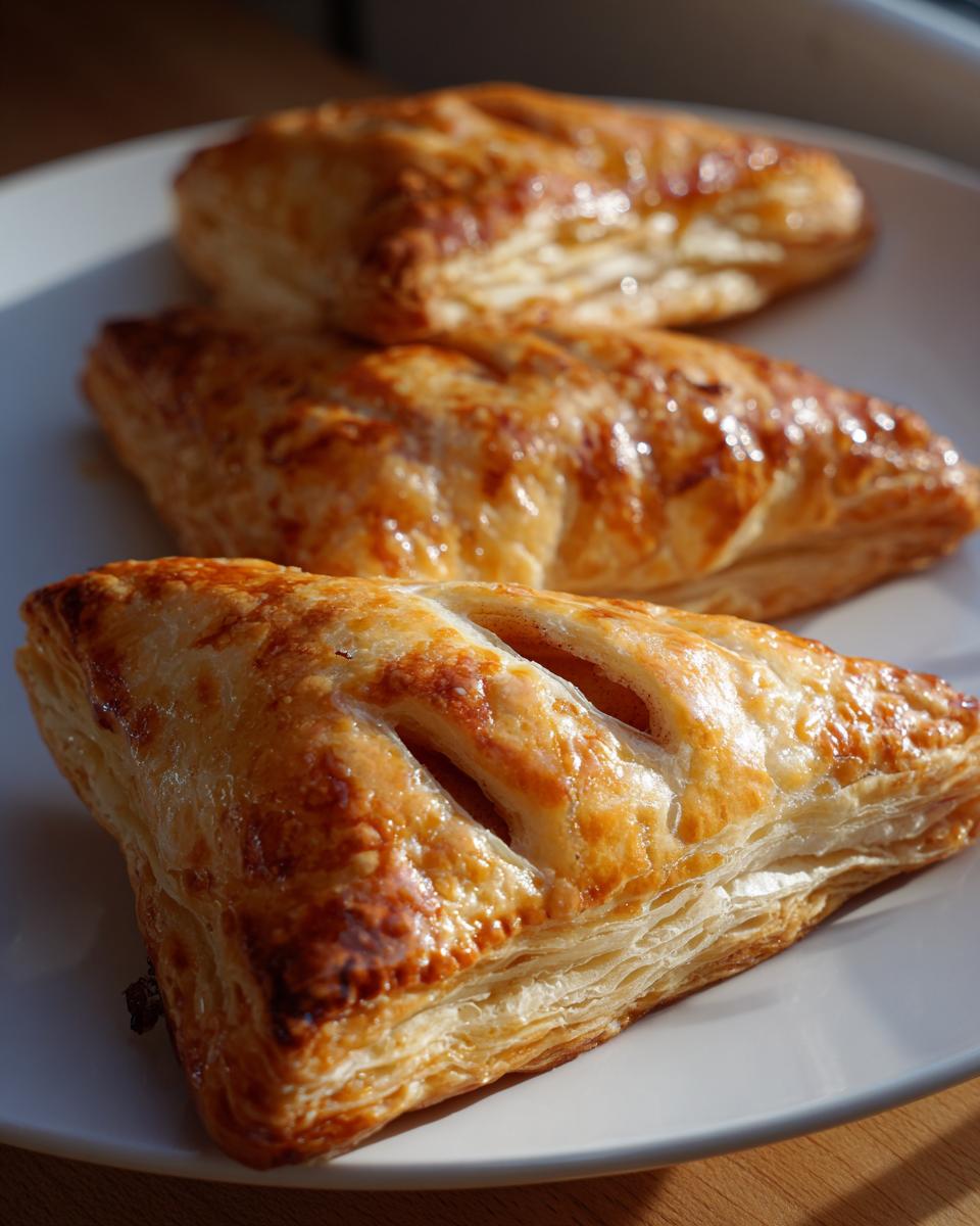 Close-up of three golden-brown apple turnovers made with flaky puff pastry, arranged on a white plate.