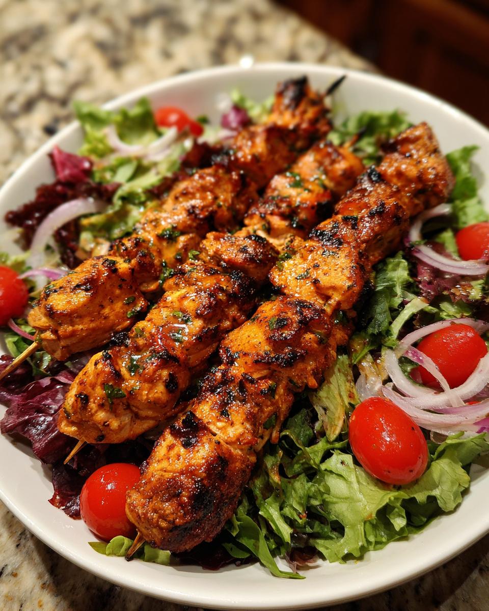 Close-up of irresistible BBQ chicken skewers served over a fresh summer salad with tomatoes and red onion.