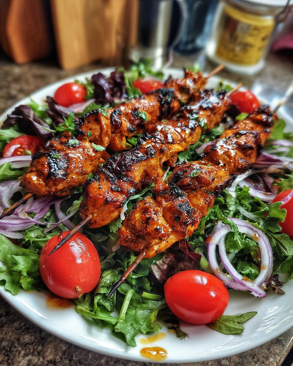 Close-up of irresistible BBQ chicken skewers served on a bed of fresh salad with cherry tomatoes and red onion.