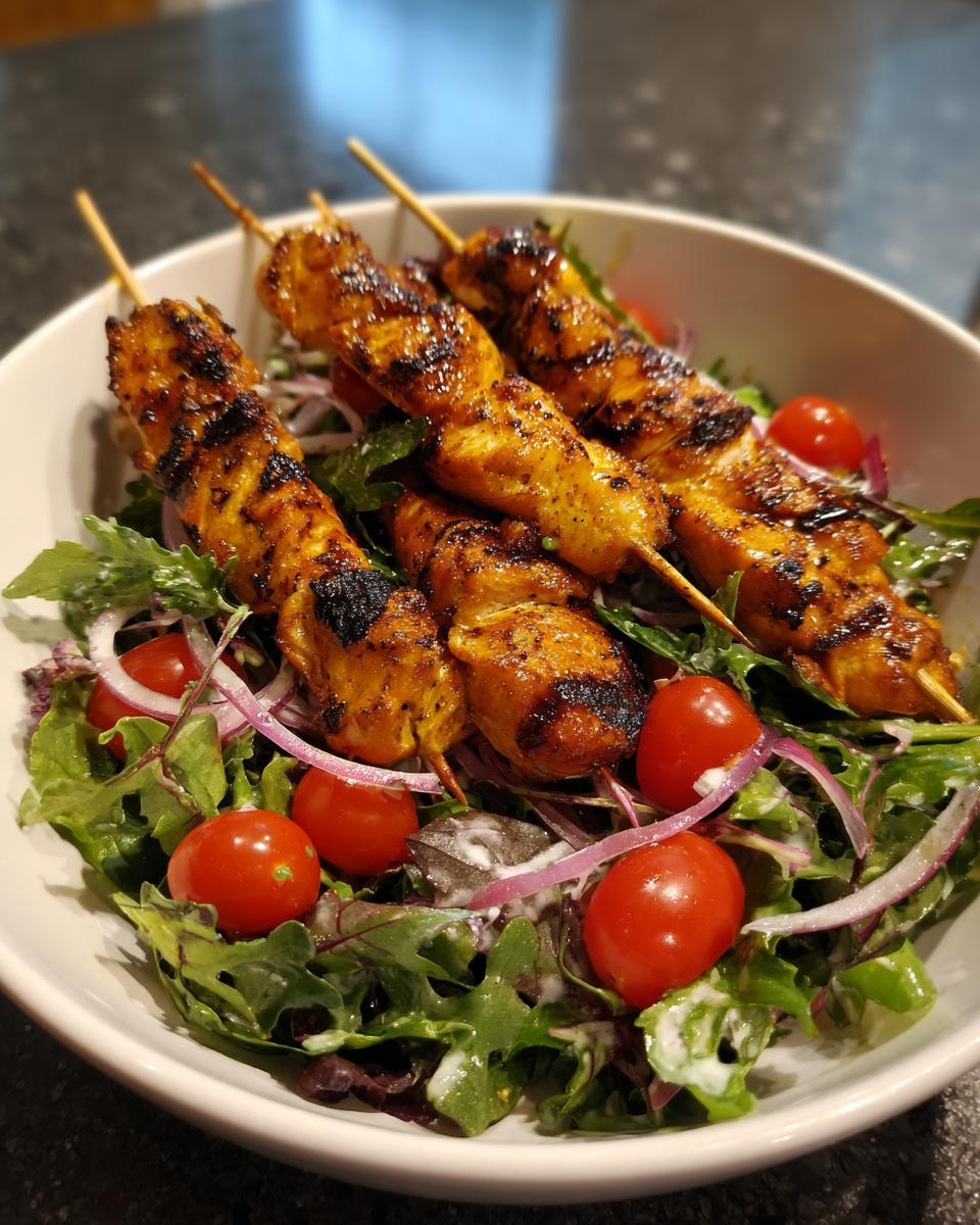 Close-up of irresistible BBQ chicken skewers served atop a fresh summer salad with tomatoes and red onion.