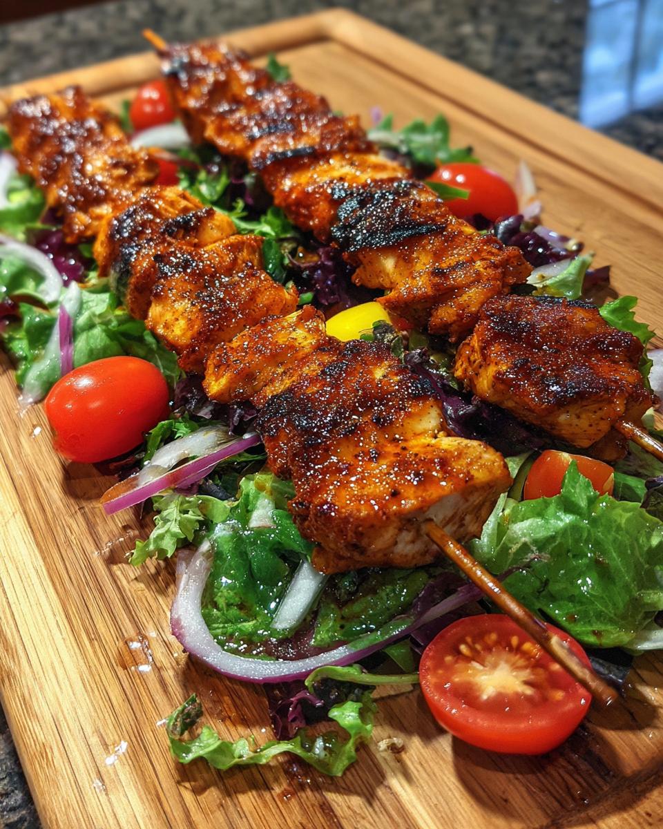 Close-up of irresistible BBQ chicken skewers served over a fresh summer salad with tomatoes and red onion.