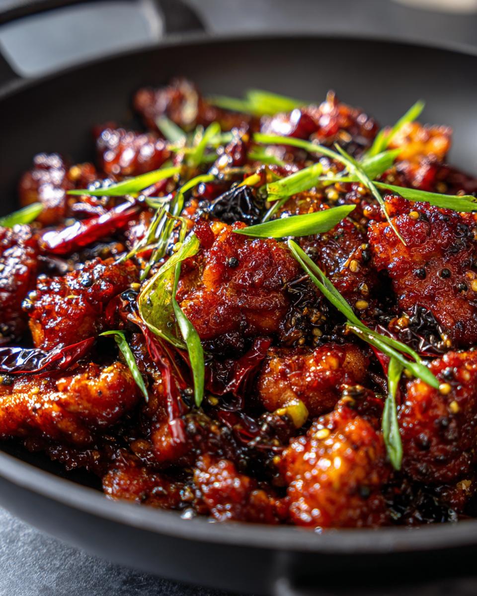Close-up of Irresistible Black Pepper Chicken, glistening with sauce and garnished with green onions and dried chilies.