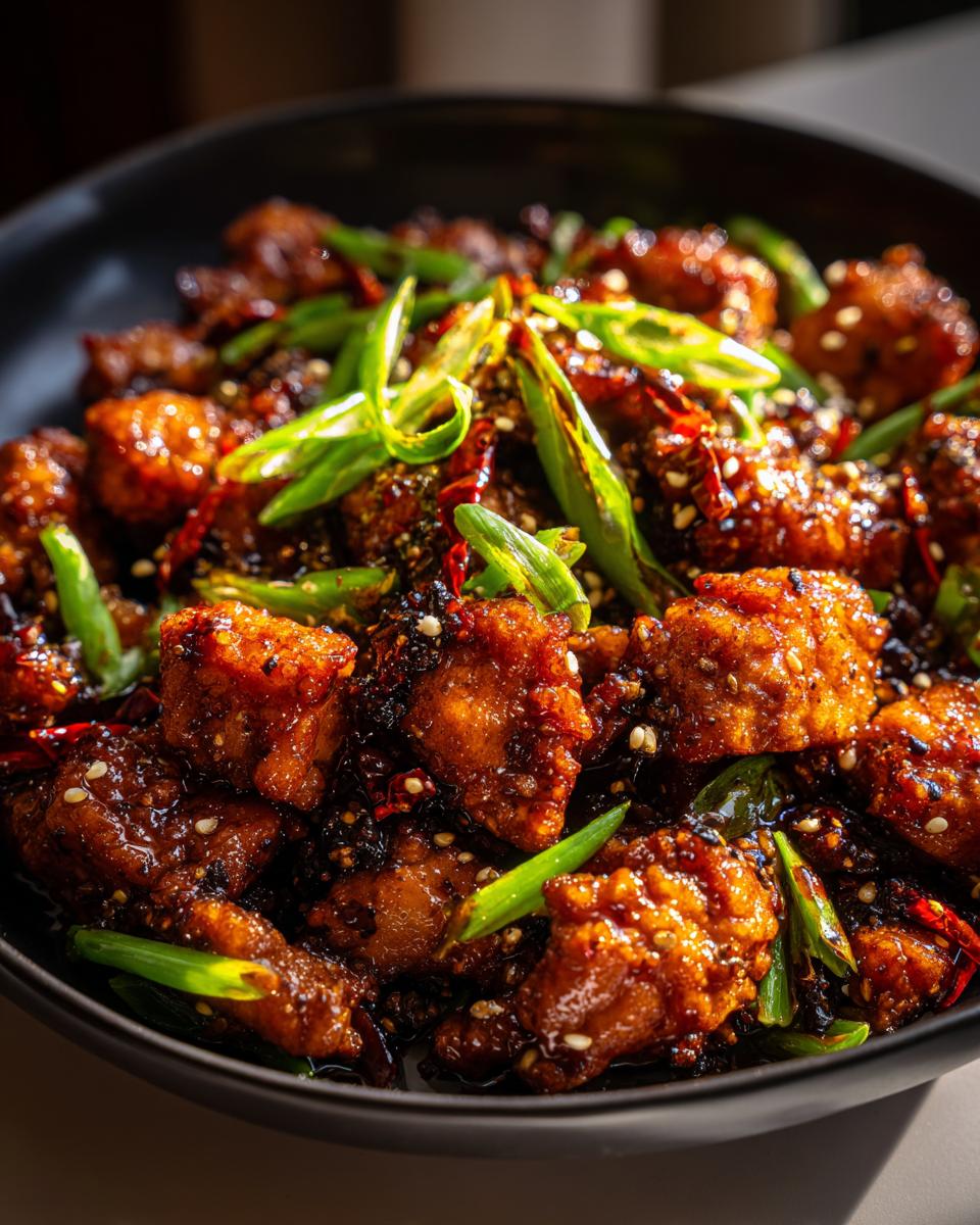 Close-up of Irresistible Black Pepper Chicken, coated in a glossy sauce with green onions and chili flakes.
