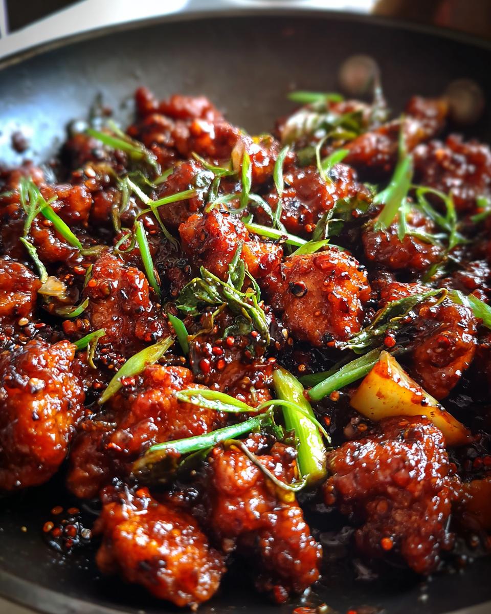 Close-up of Irresistible Black Pepper Chicken, coated in a glossy sauce with green onions and chili flakes.