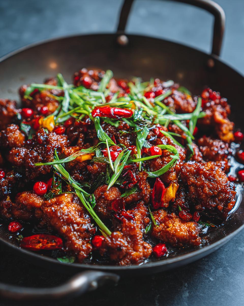 Close-up of Irresistible Black Pepper Chicken in a wok, garnished with chili peppers and green onions.
