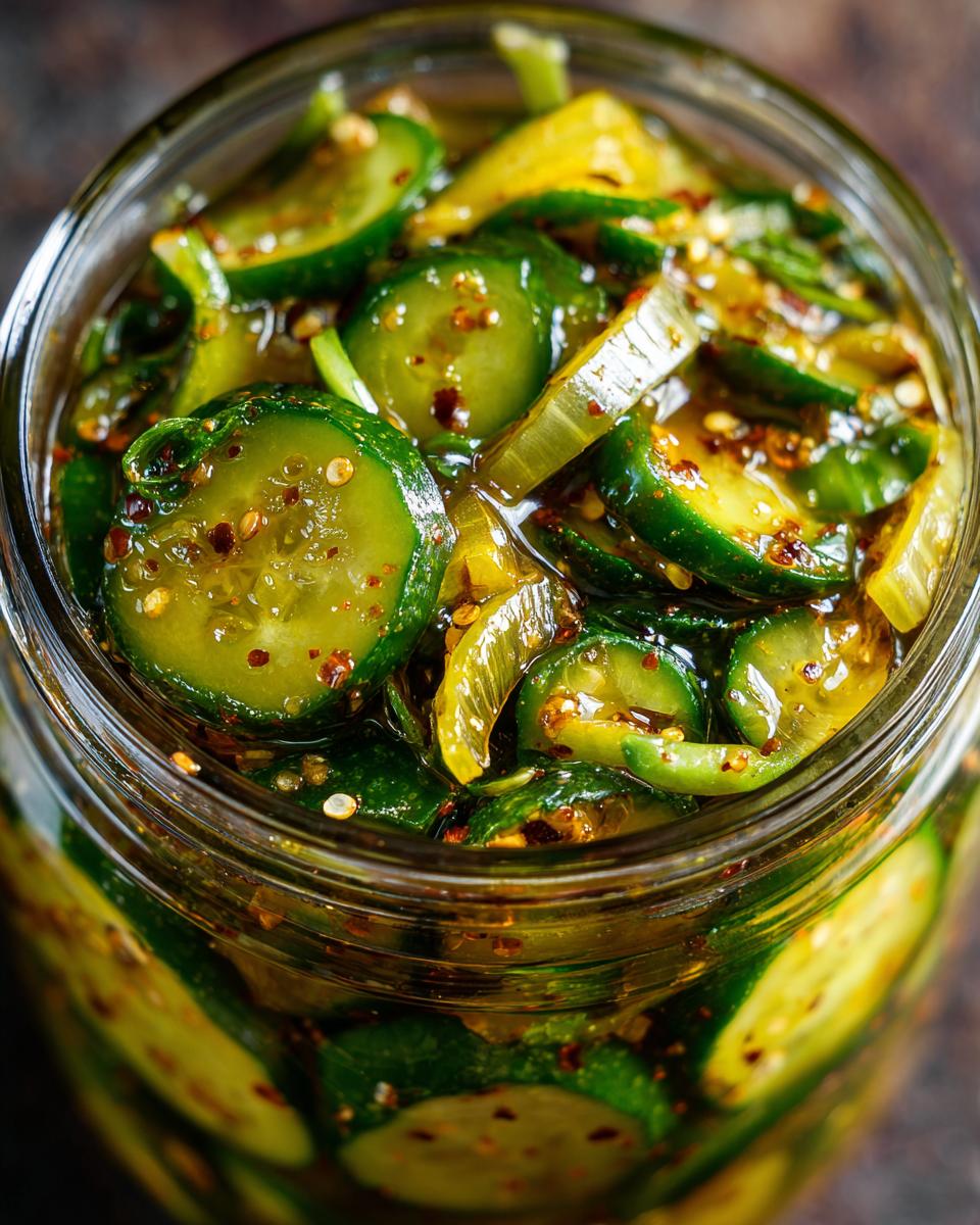 Close-up of a glass jar filled with homemade Irresistible Bread And Butter Pickles, showcasing sliced cucumbers and spices.