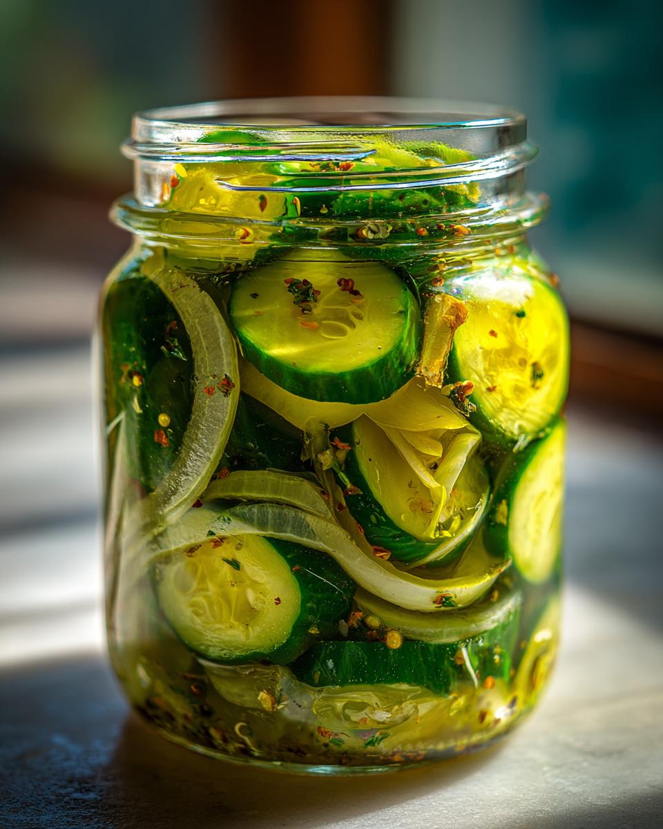 Close-up of a glass jar filled with homemade Irresistible Bread And Butter Pickles, showing sliced cucumbers and onions in brine.