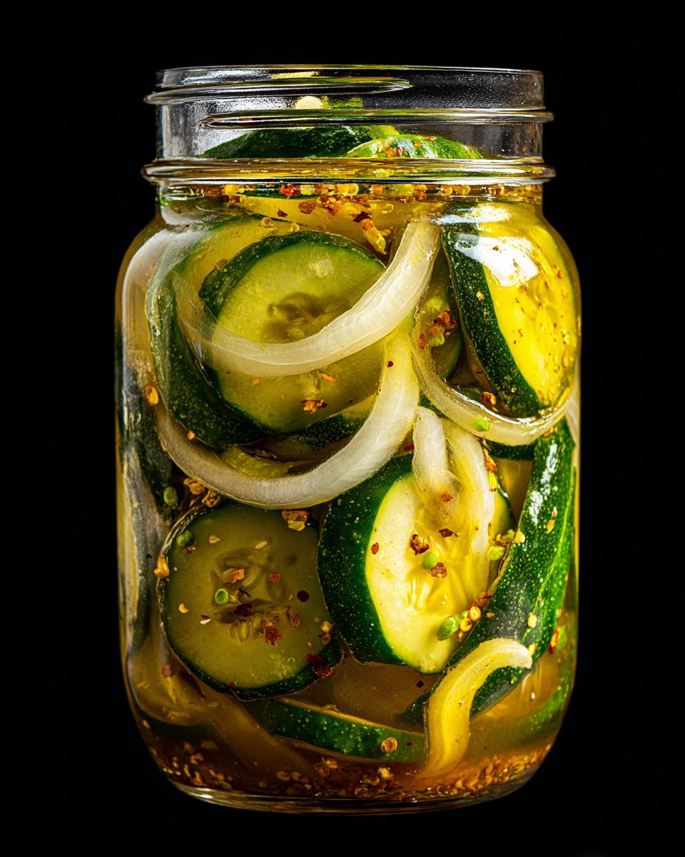 Close-up of a glass jar filled with homemade bread and butter pickles, featuring sliced cucumbers and onions in brine.