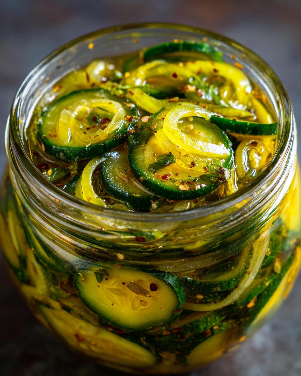 Close-up of a glass jar filled with homemade Irresistible Bread And Butter Pickles, showcasing sliced cucumbers in brine with spices.