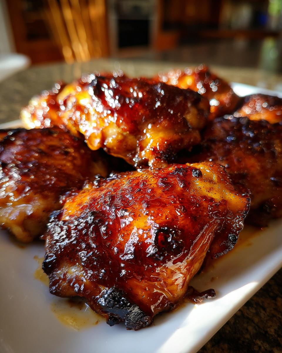 Close-up of glistening, glazed brown sugar chicken pieces on a white plate.