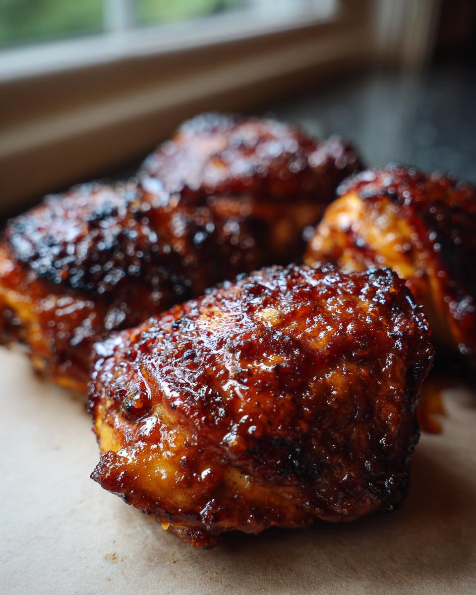 Close-up of glistening, glazed pieces of Irresistible Brown Sugar Chicken Recipe.