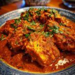 Close-up of tender chicken pieces coated in a rich, creamy, and vibrant orange butter chicken sauce, garnished with fresh cilantro.
